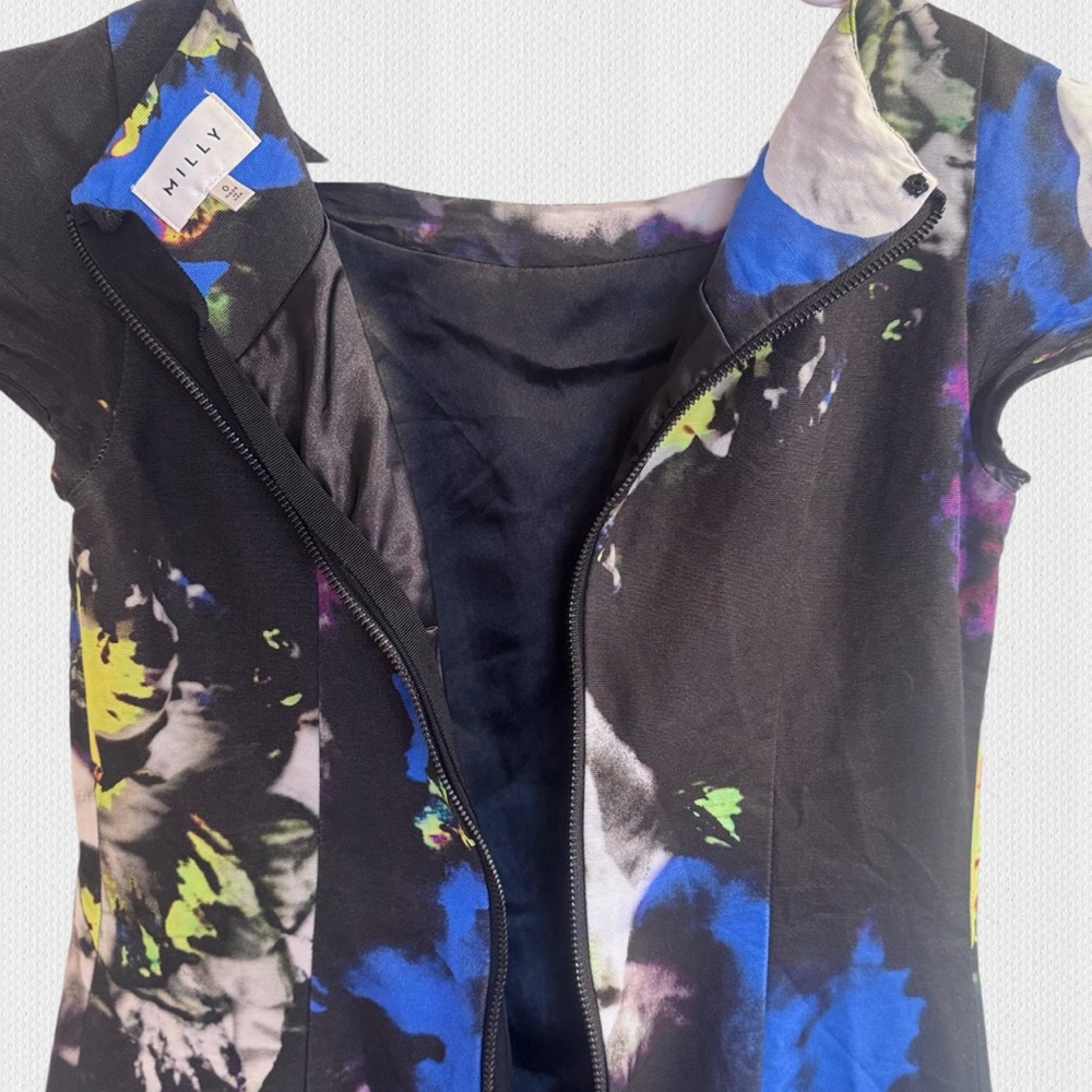 Milly Black & Blue Women's Floral Dress with Back Zipper Sz 0‎ - Picture 3 of 7